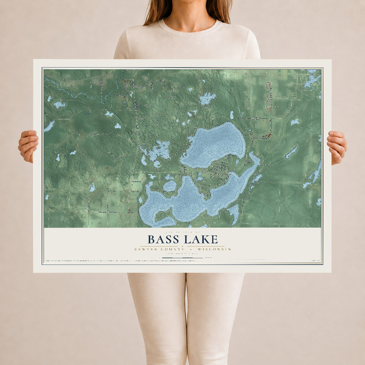 Map of Bass Lake, Sawyer County, Wisconsin, 24 x 36 inch unframed archival matte print