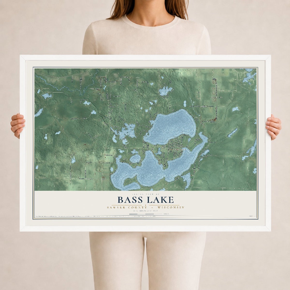 Map of Bass Lake, Sawyer County, Wisconsin, 24 x 36 inch print in a white wood frame
