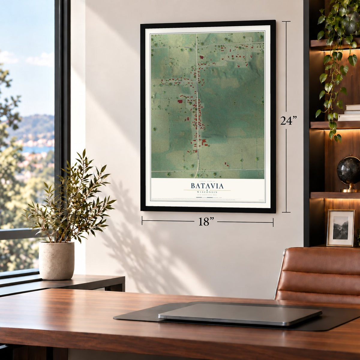 Batavia, Wisconsin map, 18 x 24 inch print in a black frame in a home office