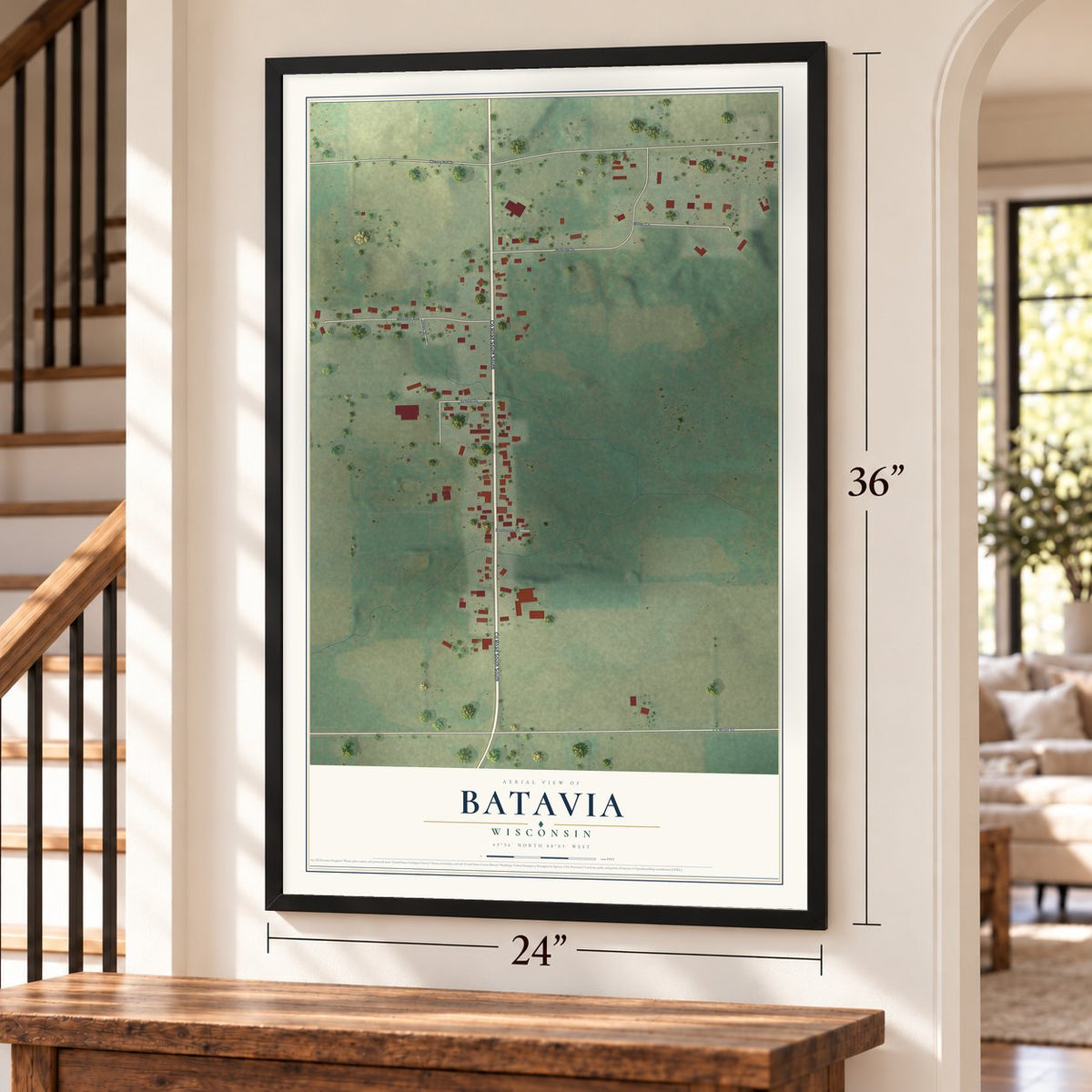 Batavia, Wisconsin map, 24 x 36 inch print in a black frame by a staircase