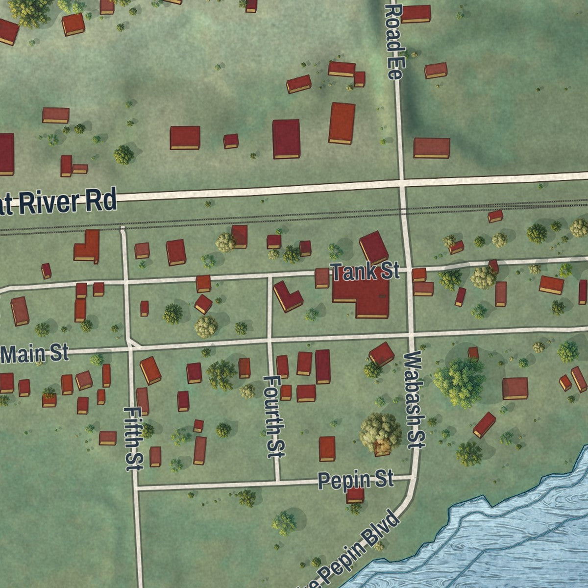 Close-up of the map of Bay City, Wisconsin print showing street and building detail