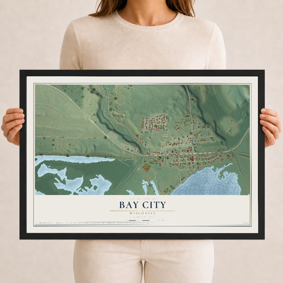 Map of Bay City, Wisconsin, 12 x 18 inch print in a black wood frame