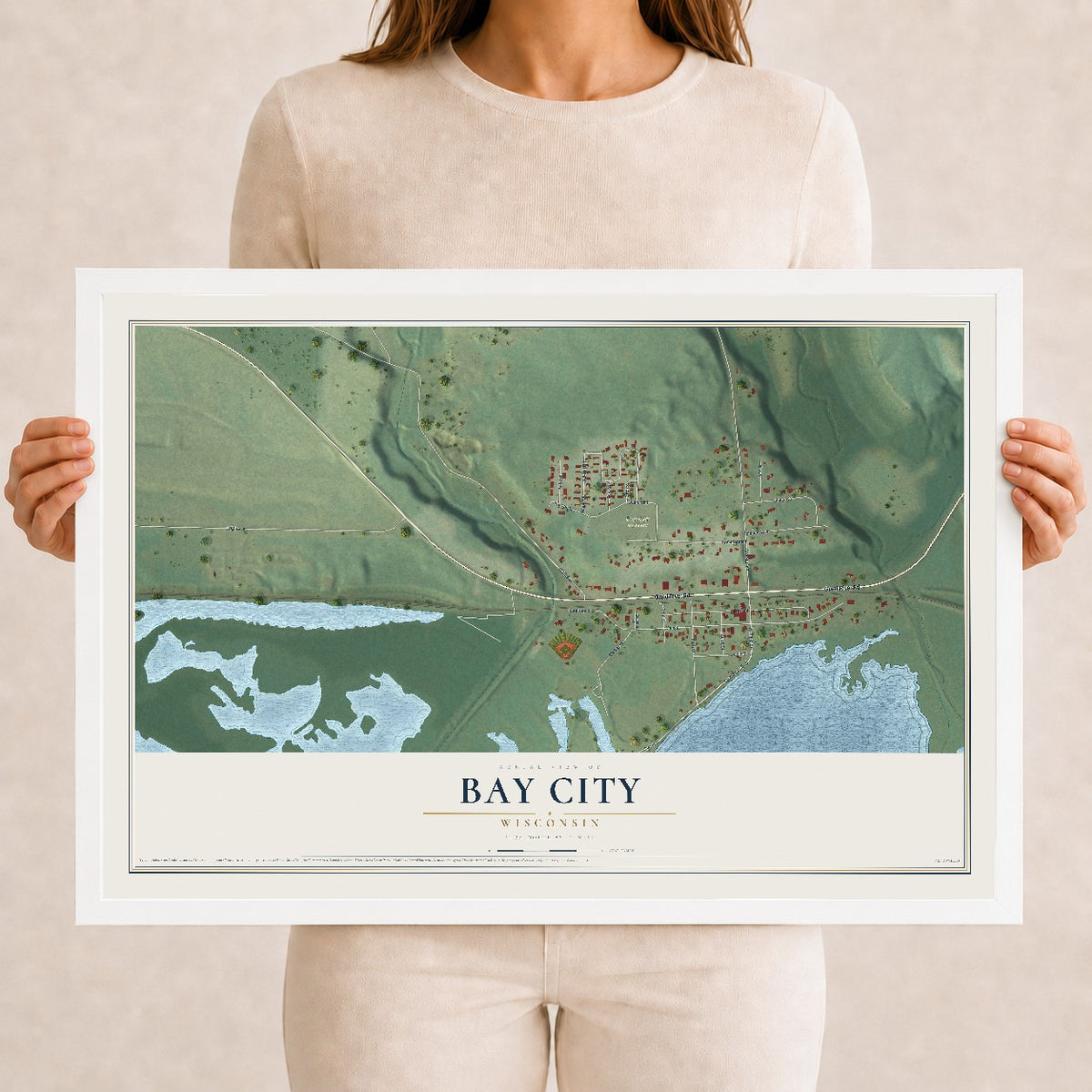 Map of Bay City, Wisconsin, 12 x 18 inch print in a white wood frame