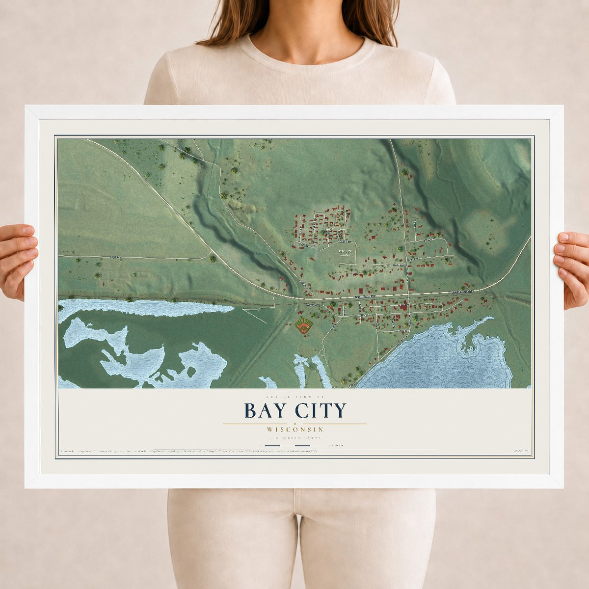 Map of Bay City, Wisconsin, 18 x 24 inch print in a white wood frame