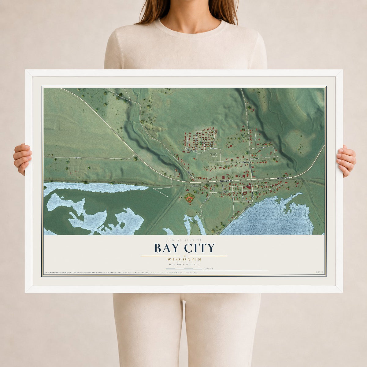 Map of Bay City, Wisconsin, 24 x 36 inch print in a white wood frame