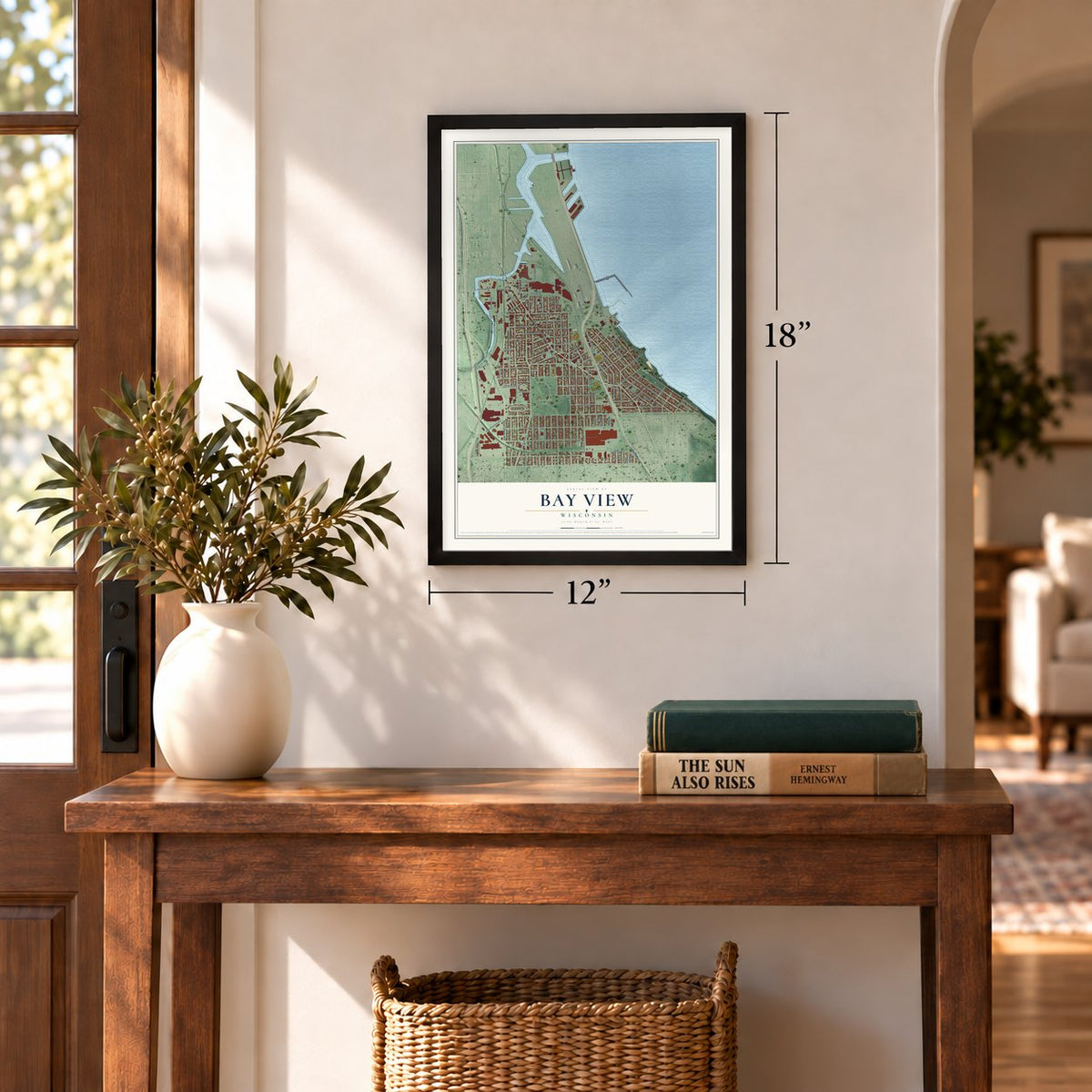 Bay View, Wisconsin map, 12 x 18 inch print in a black frame in an entryway