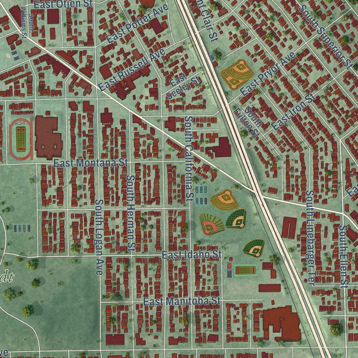 Close-up of the map of Bay View, Wisconsin print showing street and building detail