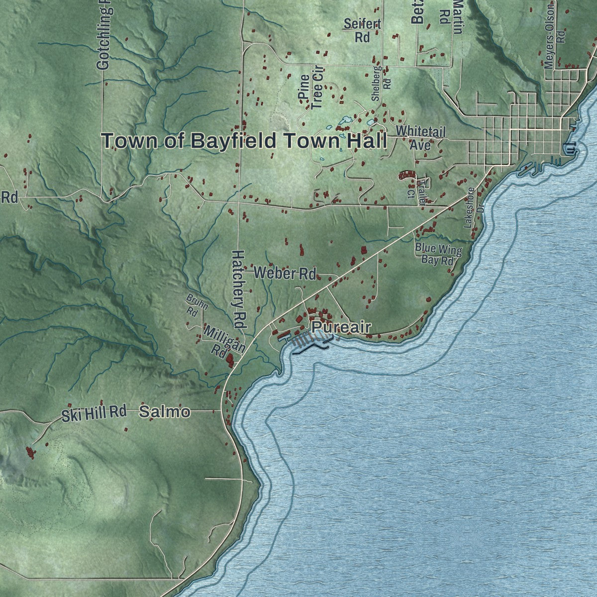 Close-up of the map of the Town of Bayfield, Wisconsin print showing street and building detail