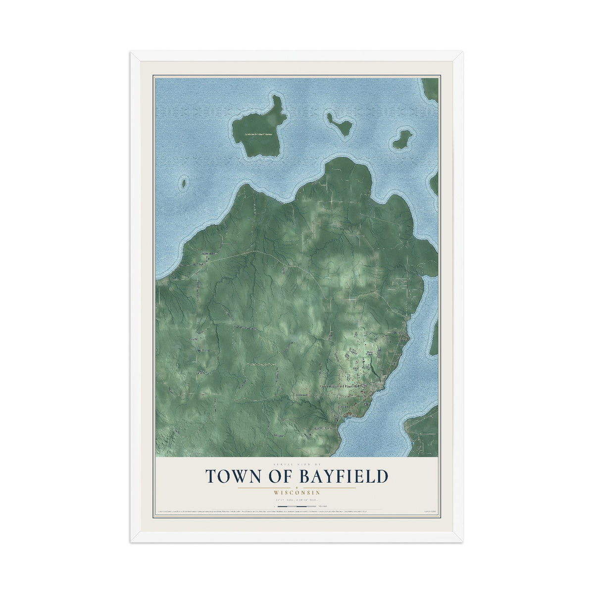 Map of the Town of Bayfield, Wisconsin, 12 x 18 inch print in a white wood frame