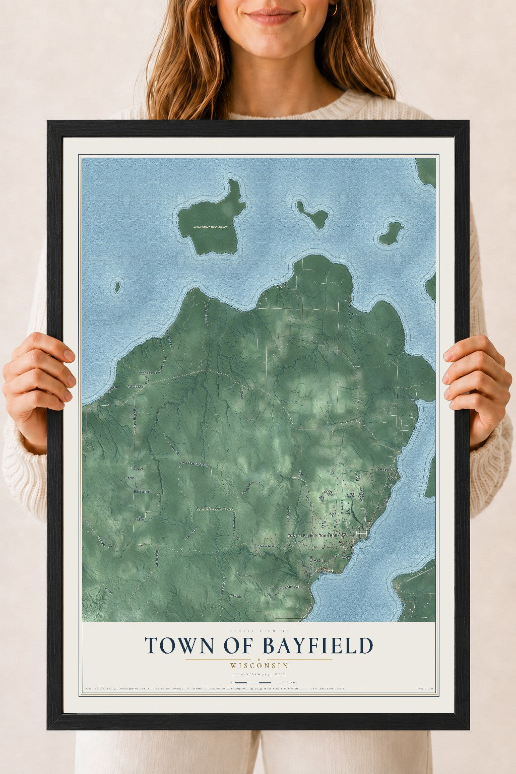 Map of the Town of Bayfield, Wisconsin, 18 x 24 inch print in a black wood frame