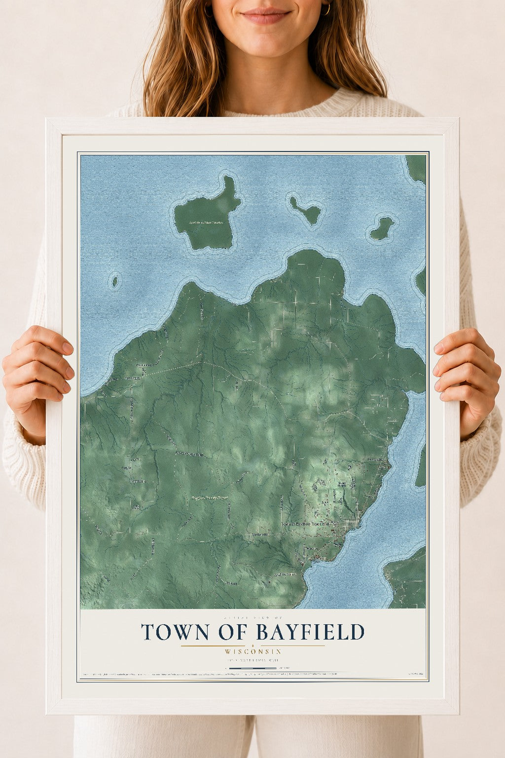 Map of the Town of Bayfield, Wisconsin, 18 x 24 inch print in a white wood frame
