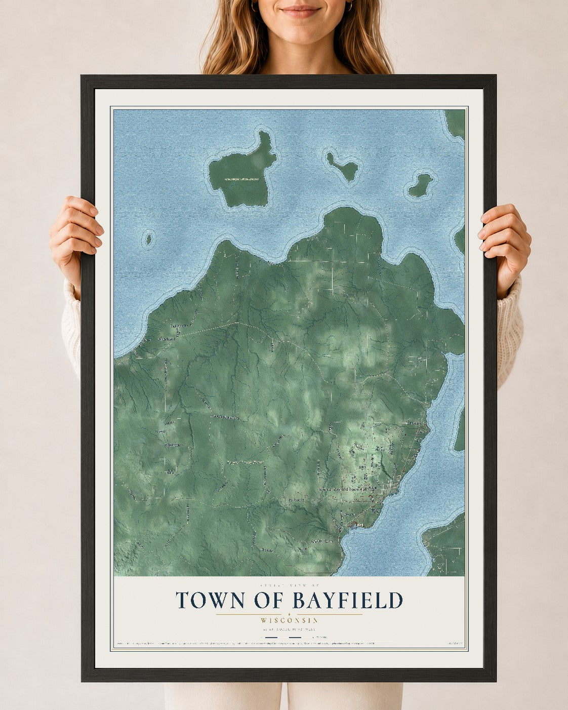 Map of the Town of Bayfield, Wisconsin, 24 x 36 inch print in a black wood frame