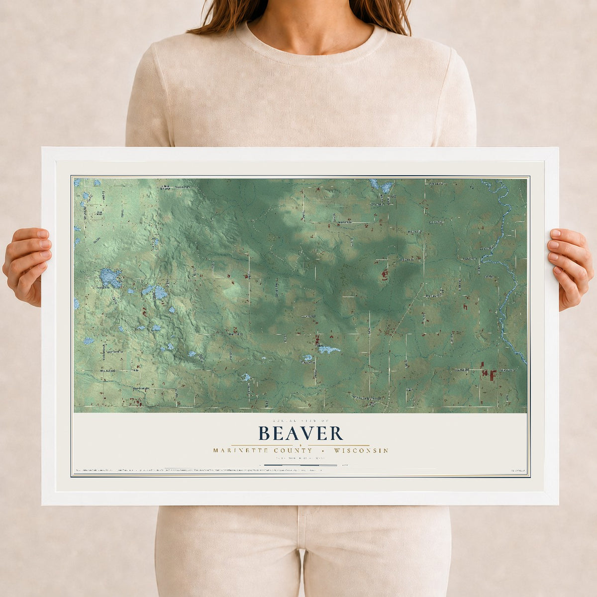 Map of Beaver, Marinette County, Wisconsin, 12 x 18 inch print in a white wood frame