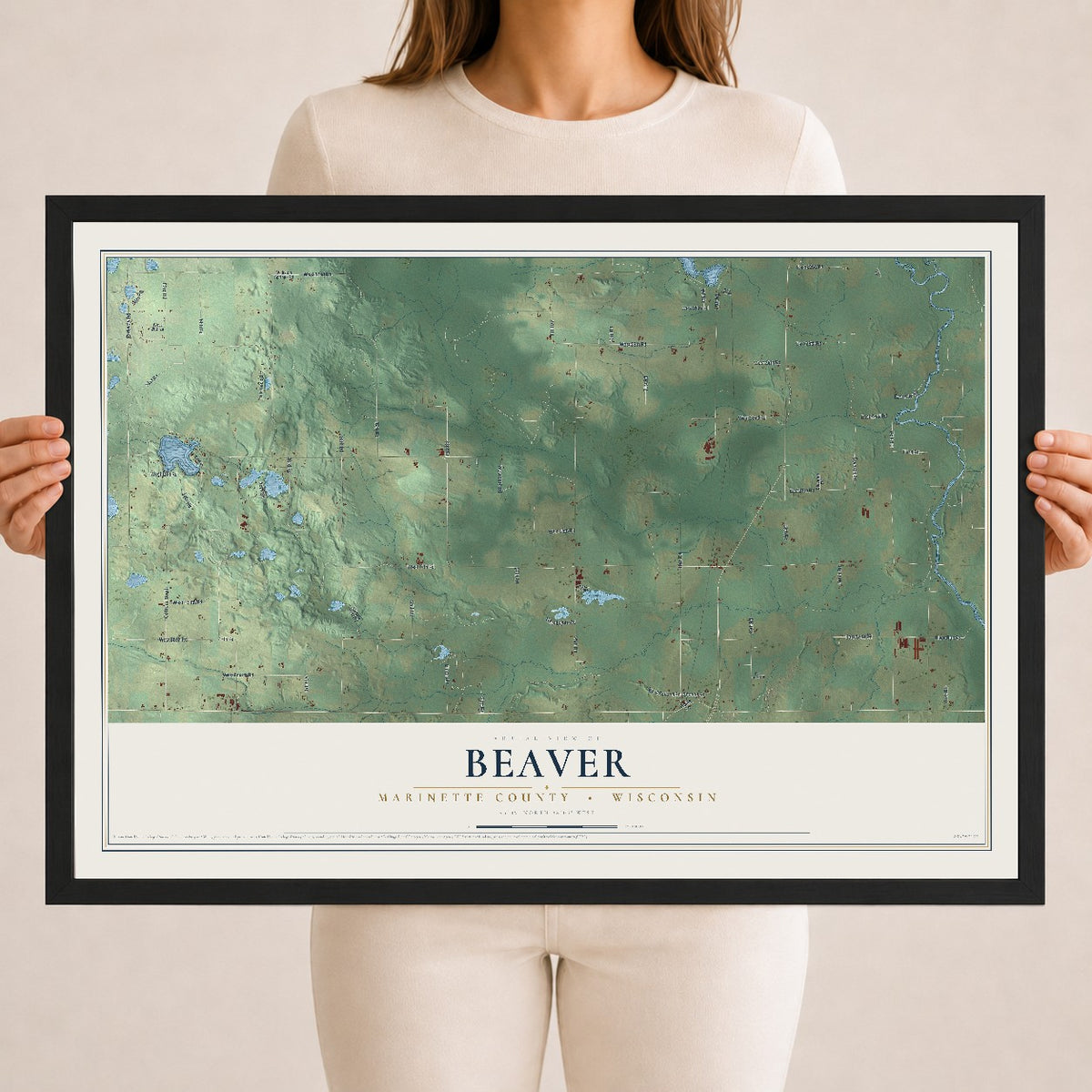 Map of Beaver, Marinette County, Wisconsin, 18 x 24 inch print in a black wood frame