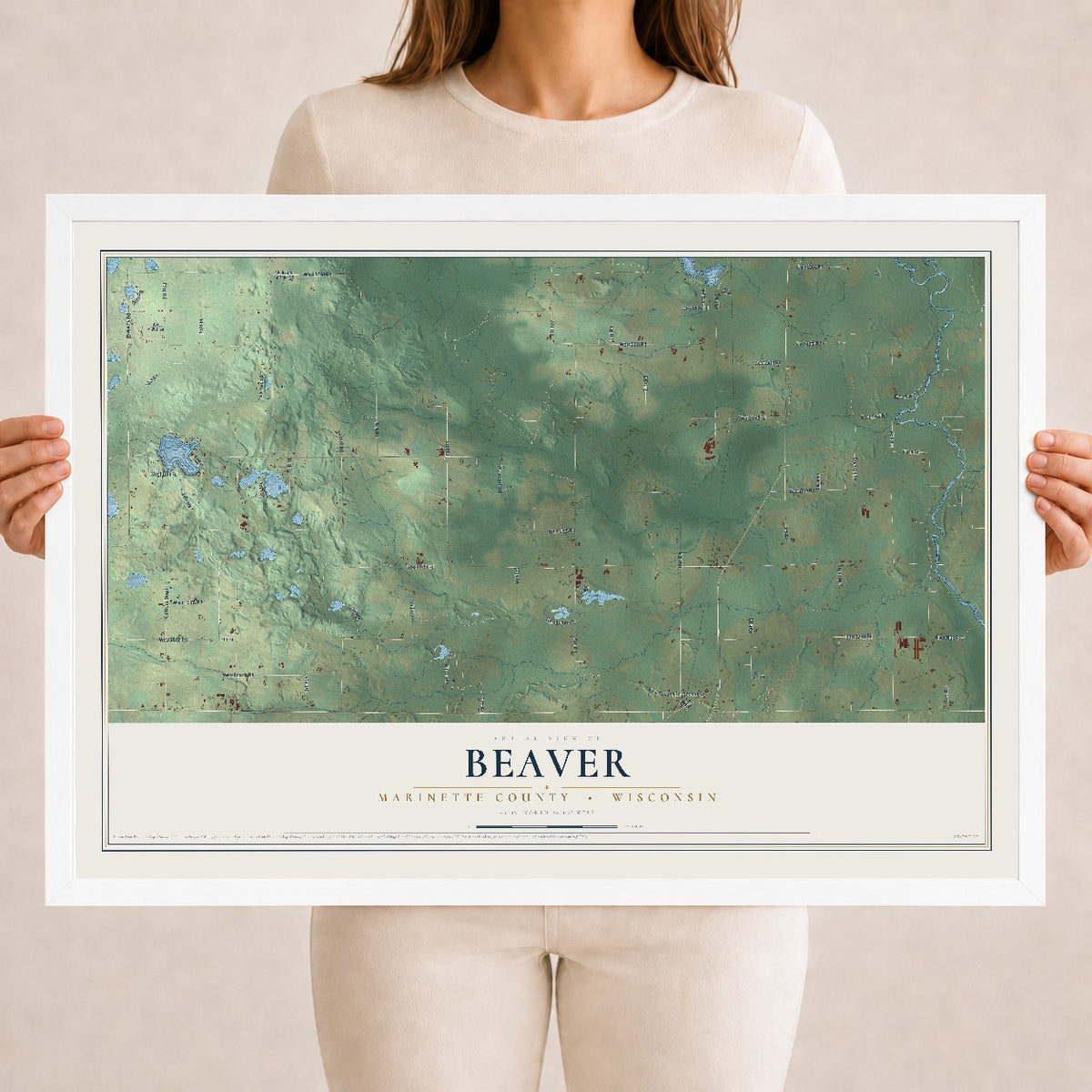 Map of Beaver, Marinette County, Wisconsin, 18 x 24 inch print in a white wood frame