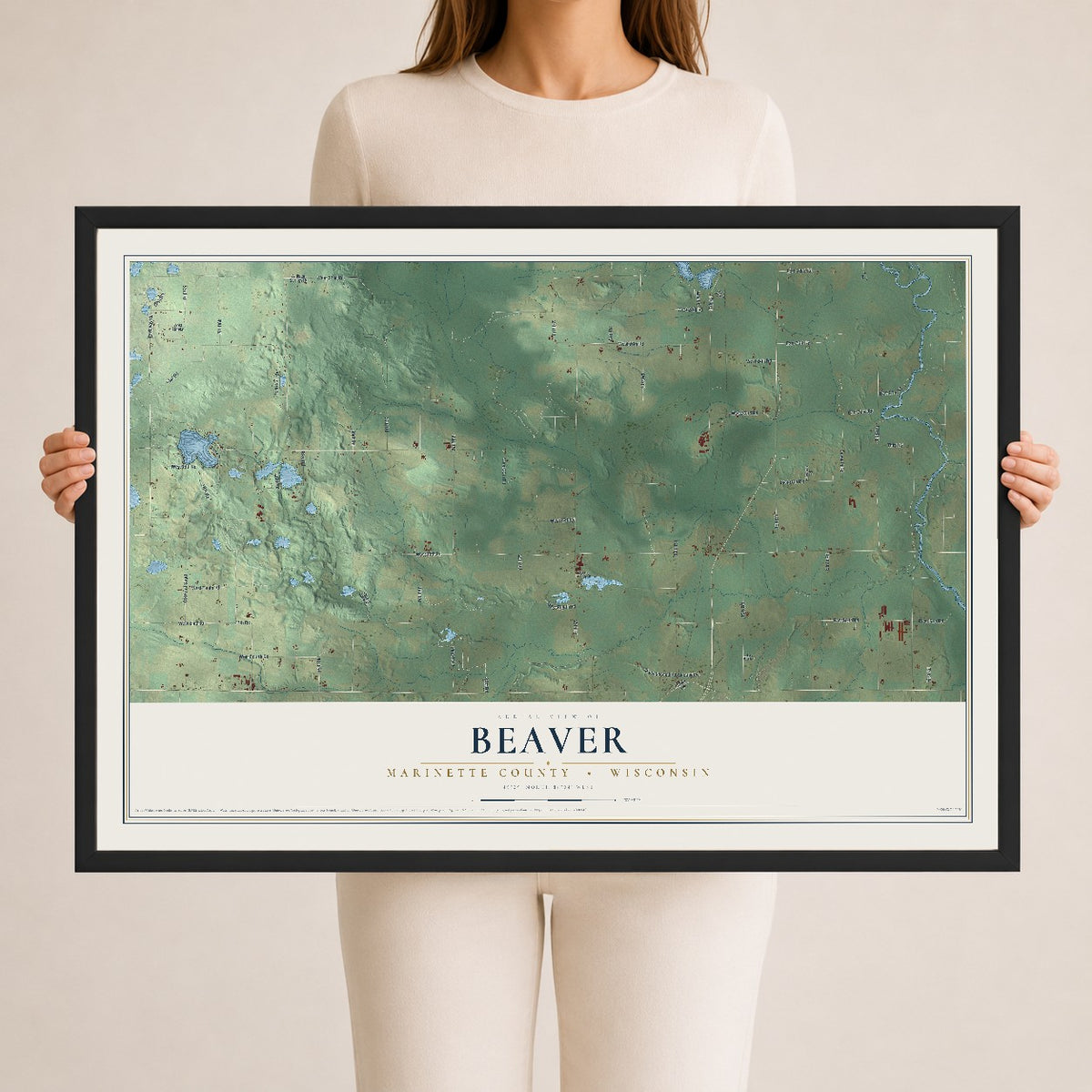 Map of Beaver, Marinette County, Wisconsin, 24 x 36 inch print in a black wood frame