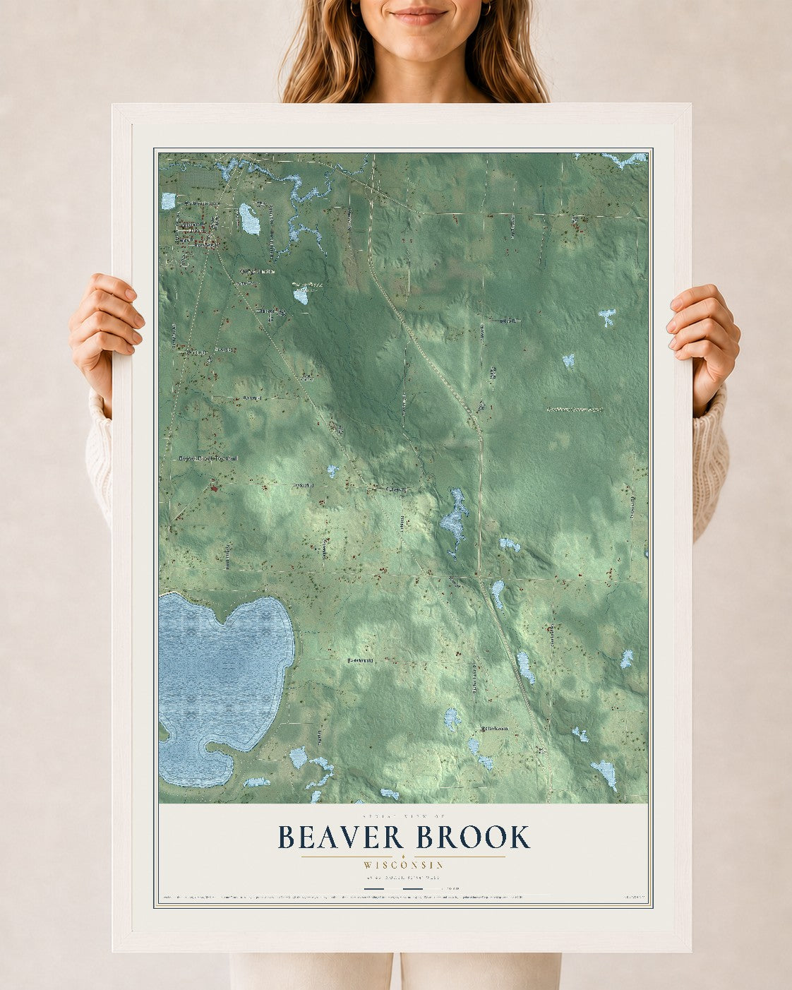 Map of Beaver Brook, Wisconsin, 24 x 36 inch print in a white wood frame