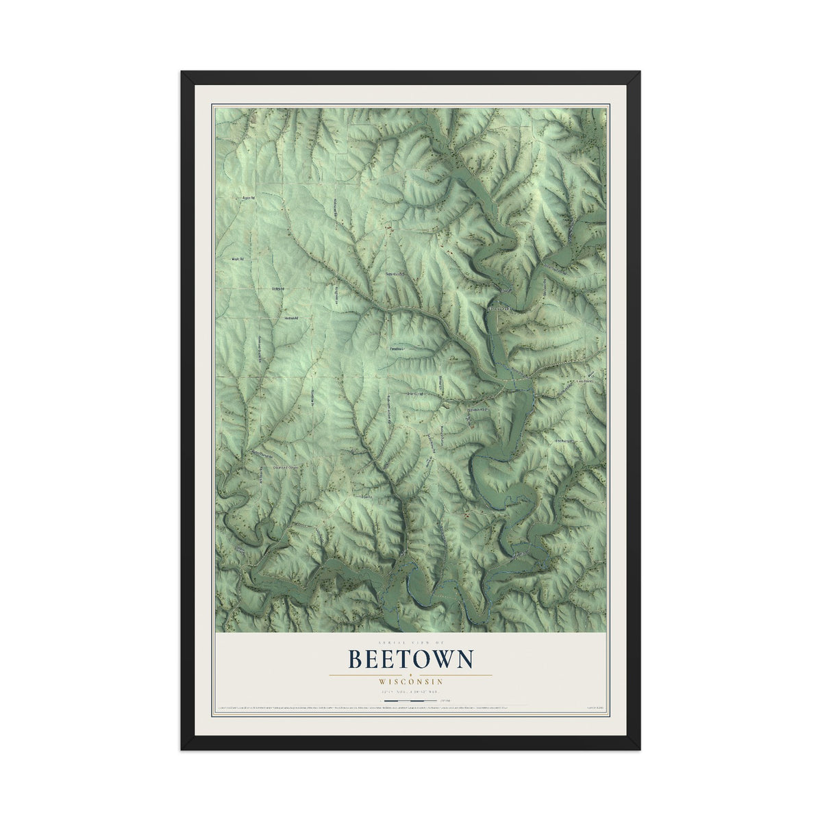 Map of Beetown, Wisconsin, 12 x 18 inch print in a black wood frame