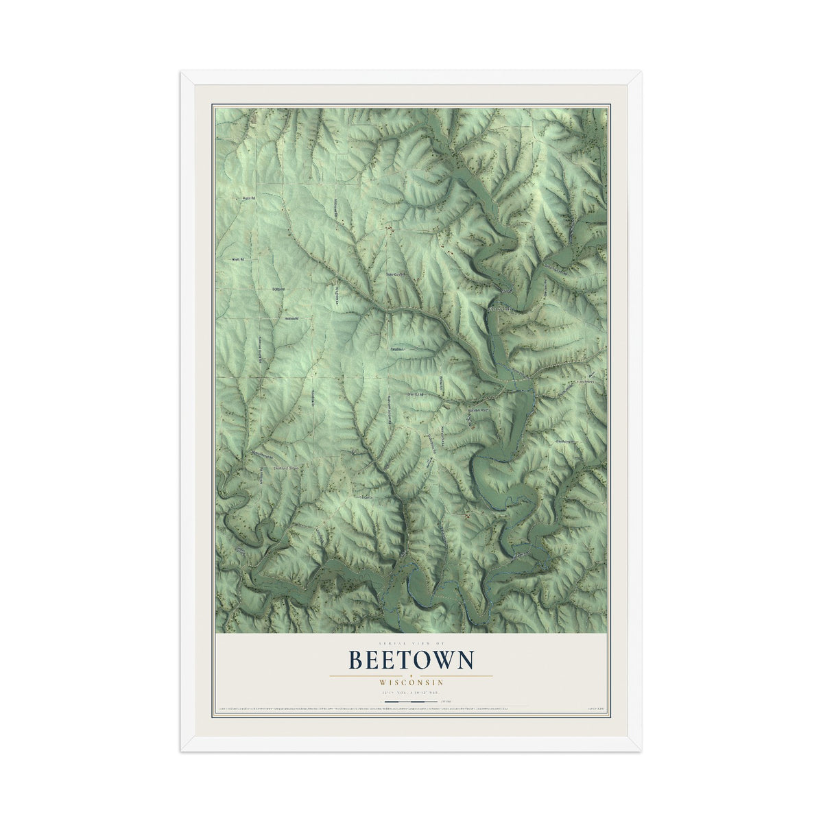 Map of Beetown, Wisconsin, 12 x 18 inch print in a white wood frame