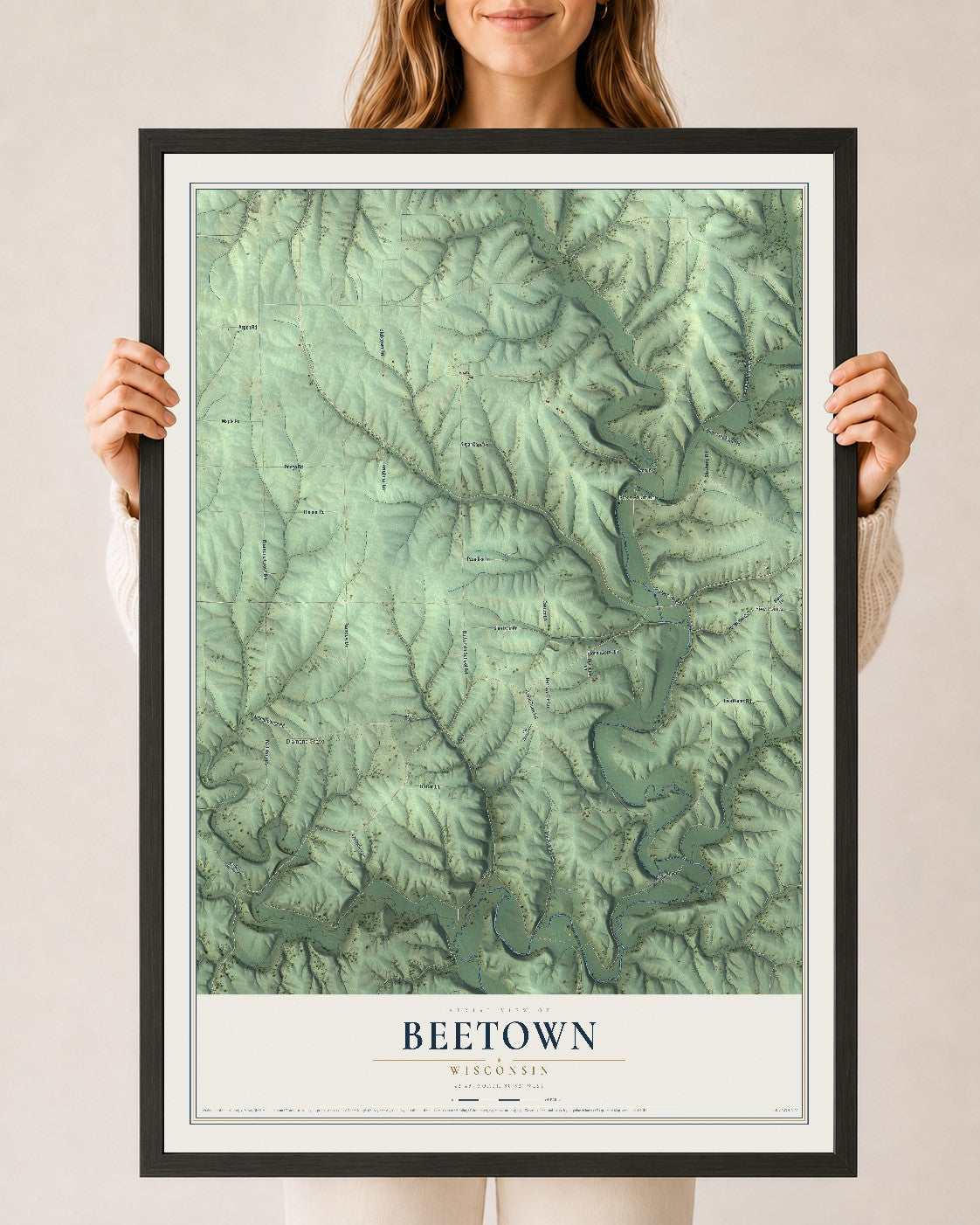 Map of Beetown, Wisconsin, 24 x 36 inch print in a black wood frame