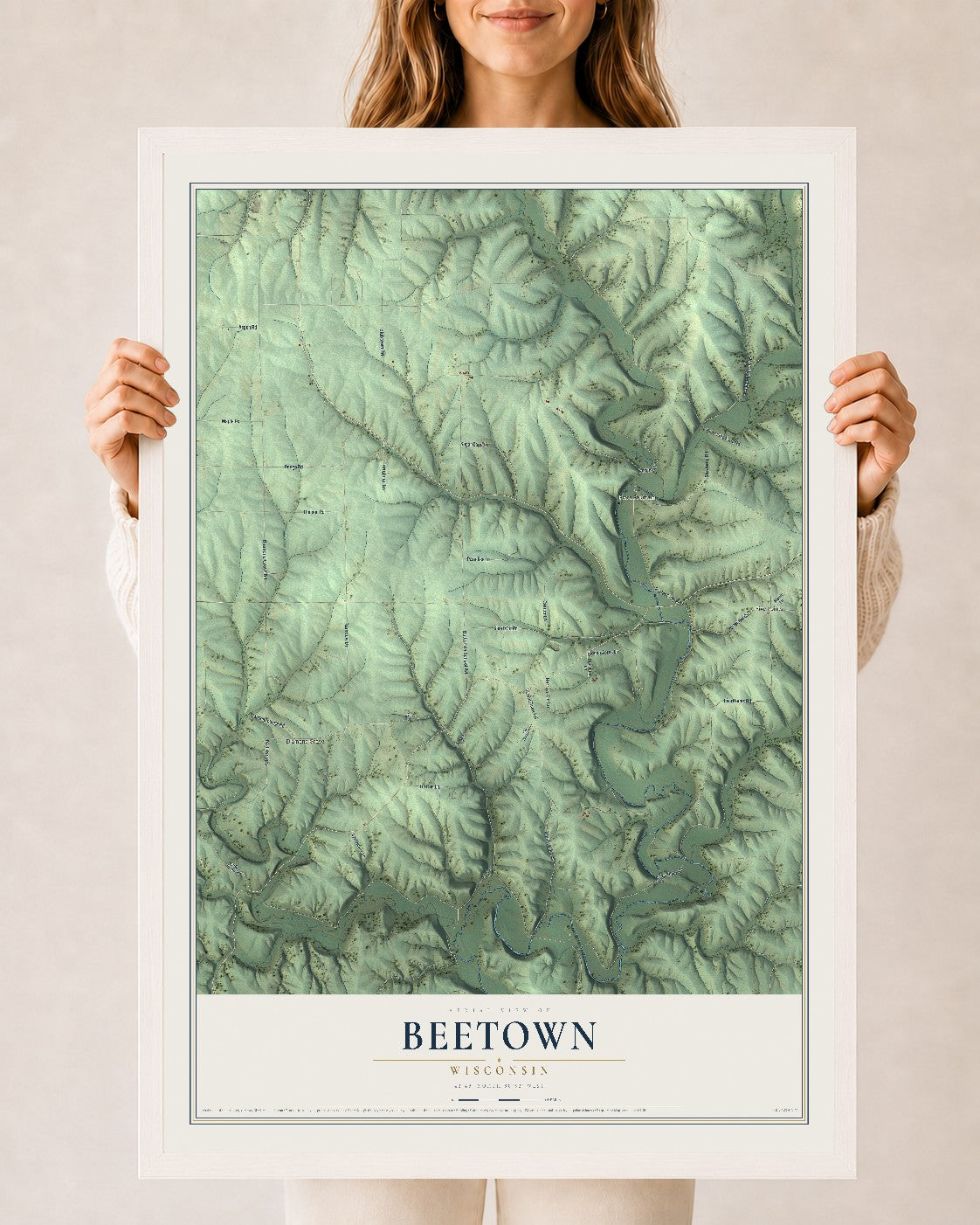 Map of Beetown, Wisconsin, 24 x 36 inch print in a white wood frame