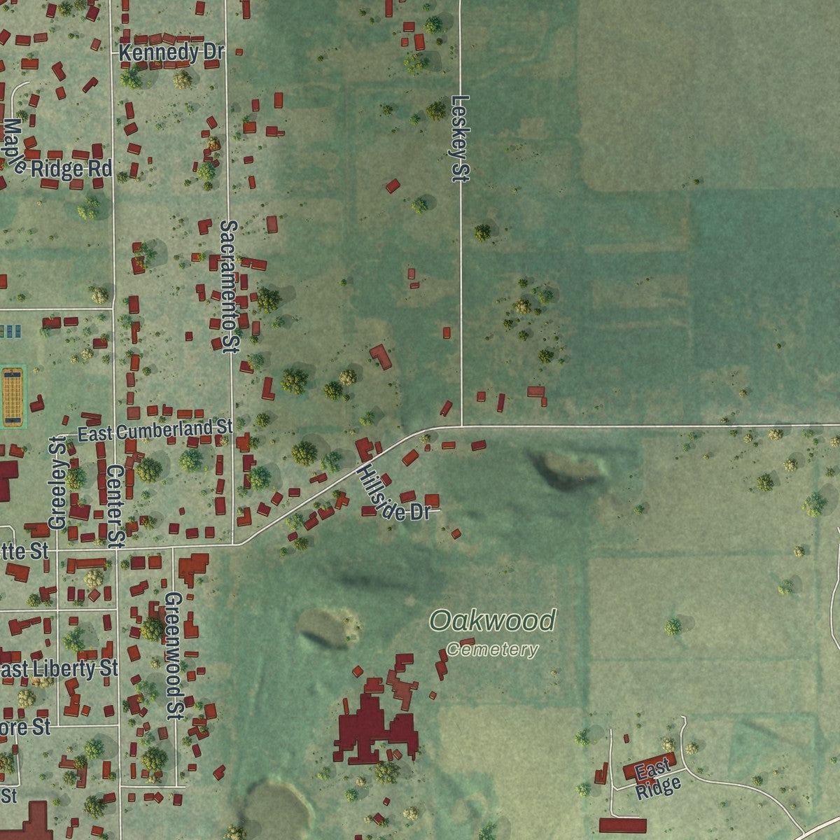 Second close-up of the map of Berlin, Wisconsin print showing more streets and buildings