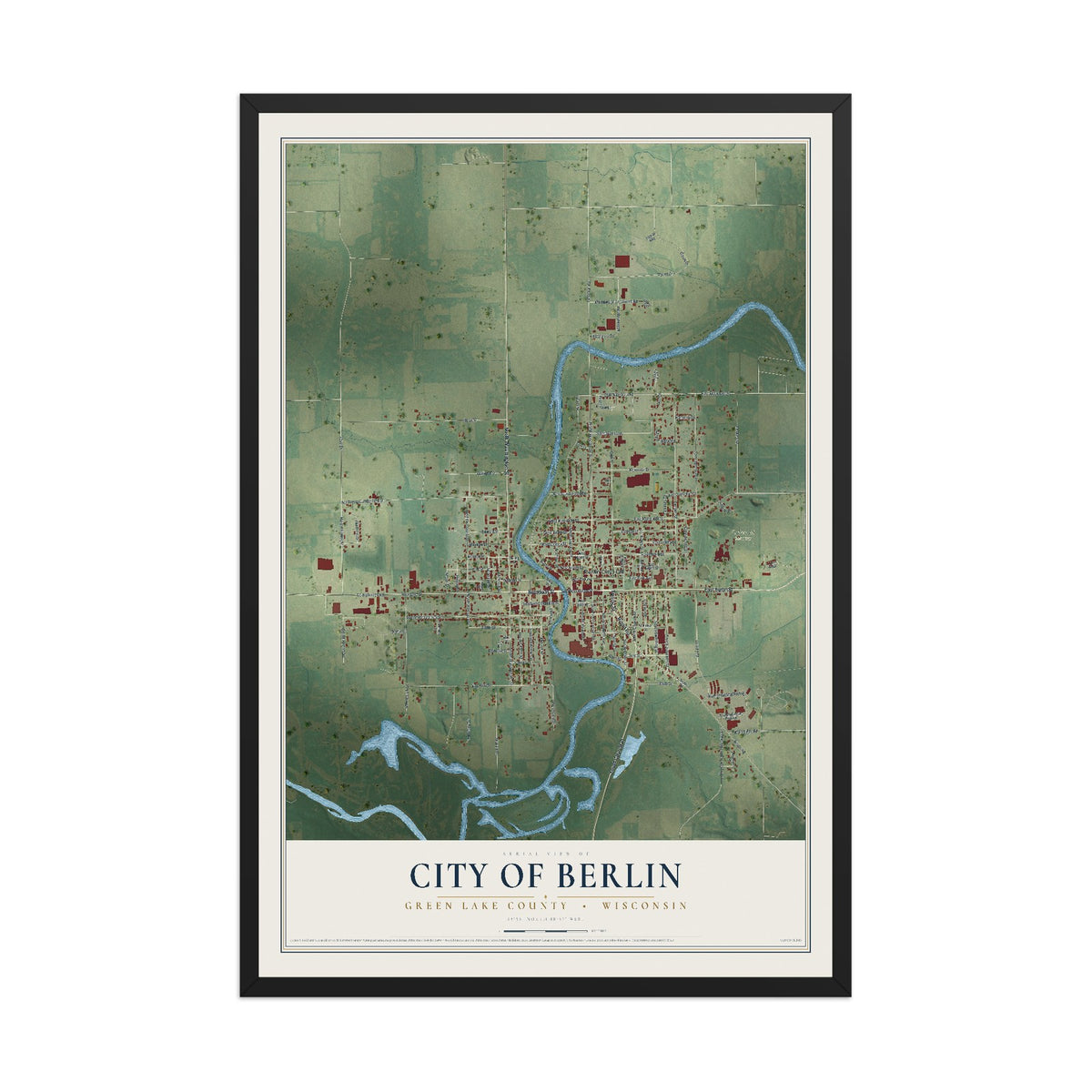 Map of Berlin, Wisconsin, 12 x 18 inch print in a black wood frame