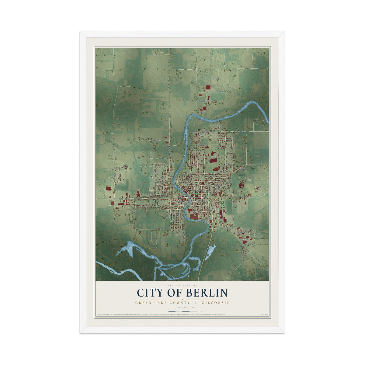 Map of Berlin, Wisconsin, 12 x 18 inch print in a white wood frame
