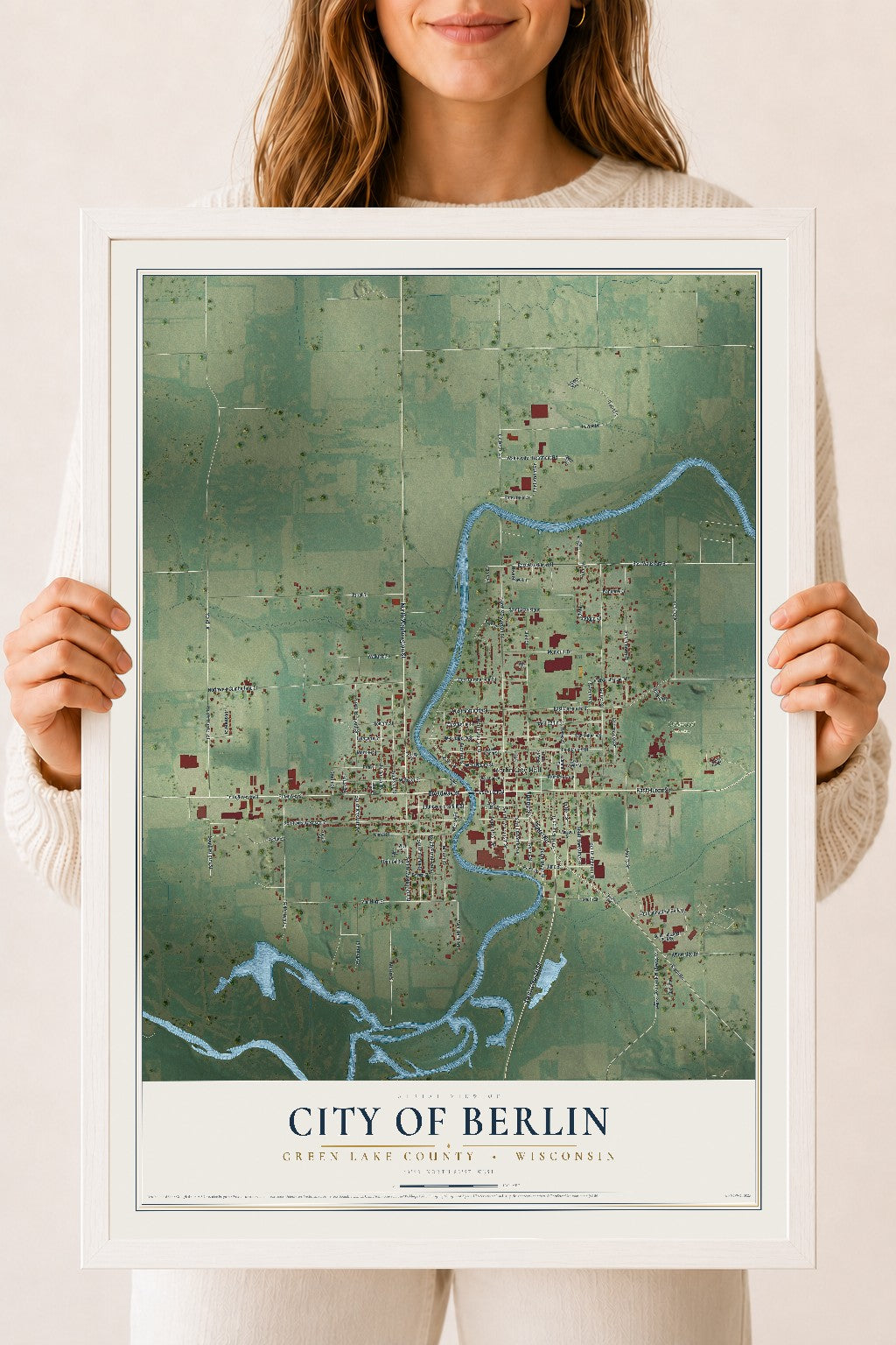 Map of Berlin, Wisconsin, 18 x 24 inch print in a white wood frame