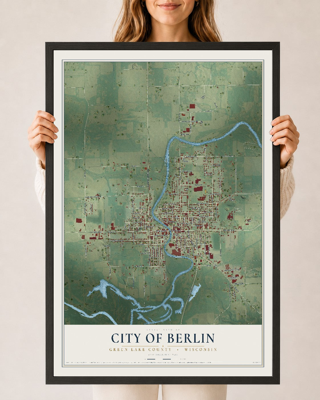 Map of Berlin, Wisconsin, 24 x 36 inch print in a black wood frame