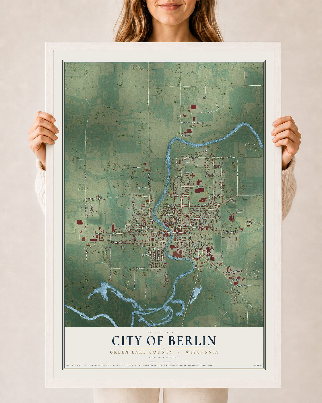 Map of Berlin, Wisconsin, 24 x 36 inch print in a white wood frame