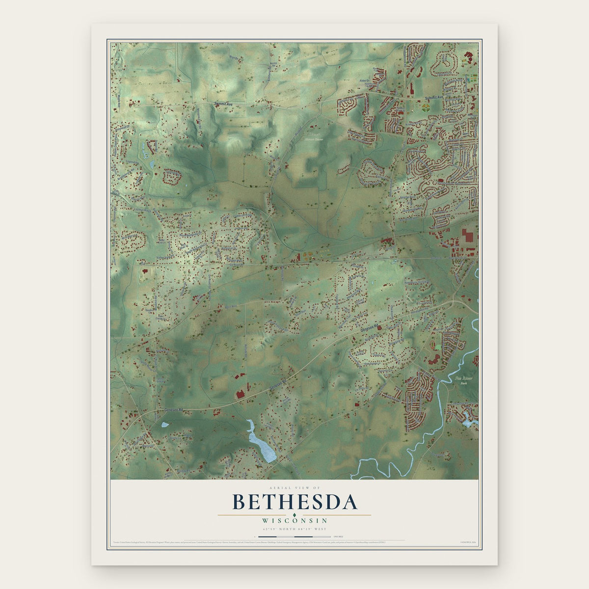 Bethesda, Wisconsin map print, the full design