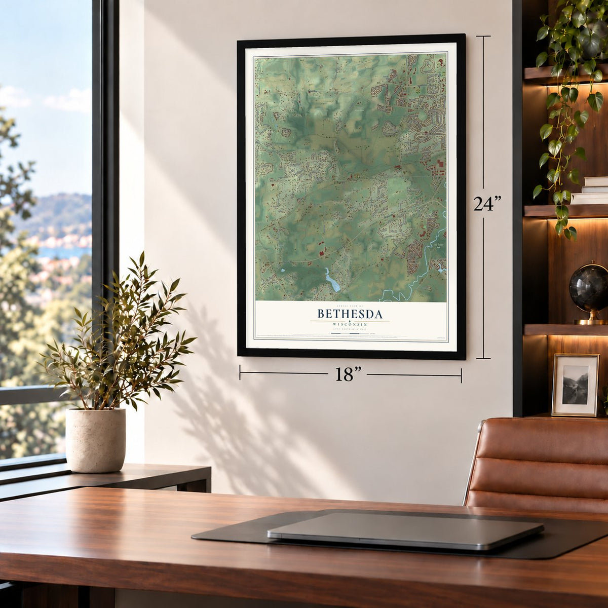 Bethesda, Wisconsin map, 18 x 24 inch print in a black frame in a home office