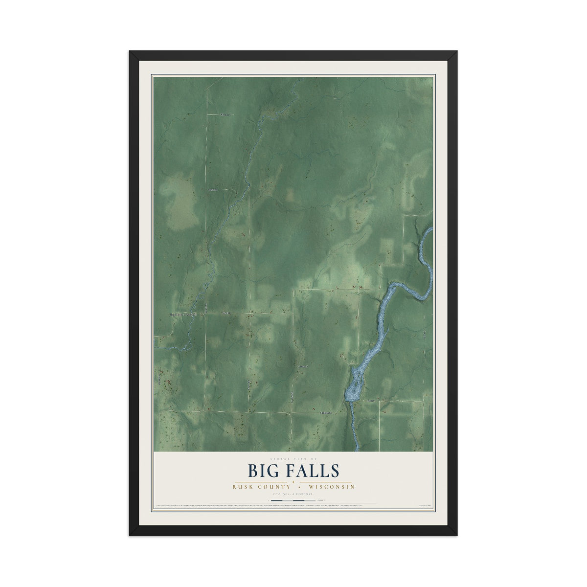 Map of Big Falls, Rusk County, Wisconsin, 12 x 18 inch print in a black wood frame