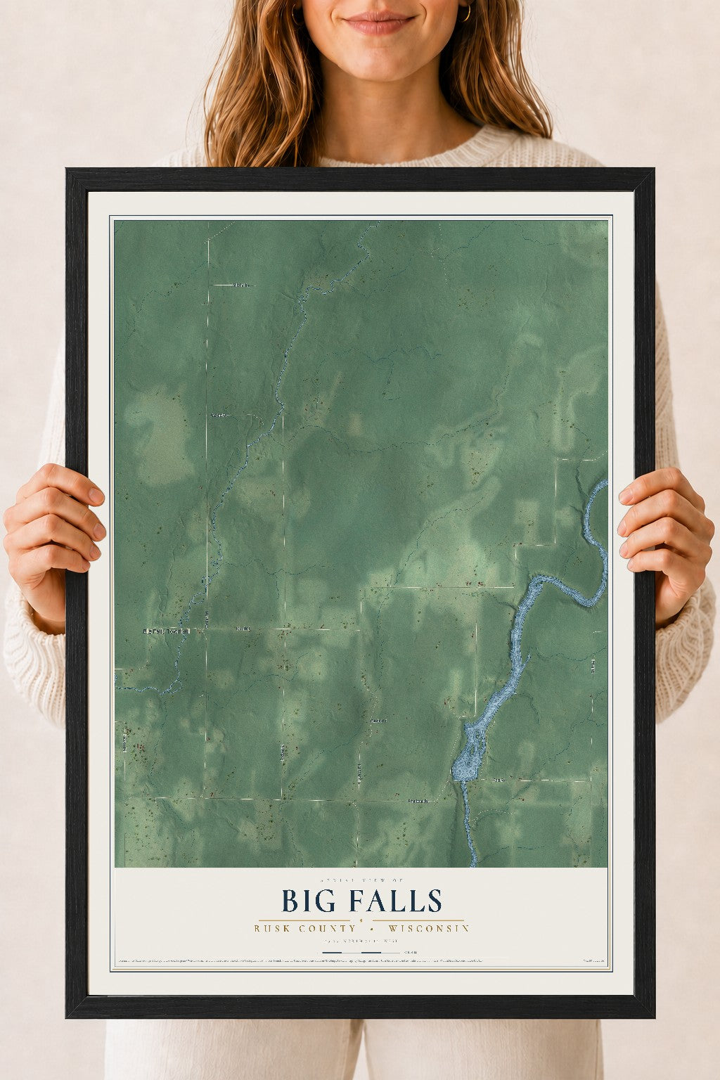 Map of Big Falls, Rusk County, Wisconsin, 18 x 24 inch print in a black wood frame