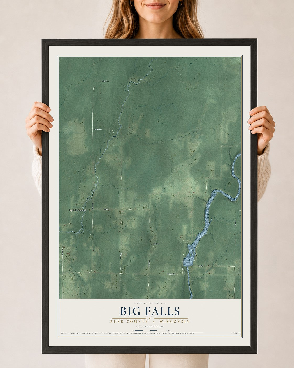 Map of Big Falls, Rusk County, Wisconsin, 24 x 36 inch print in a black wood frame