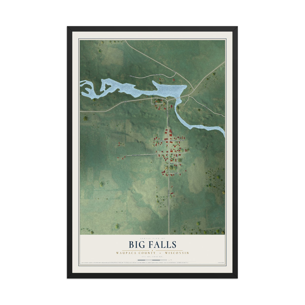 Map of Big Falls, Waupaca County, Wisconsin, 12 x 18 inch print in a black wood frame