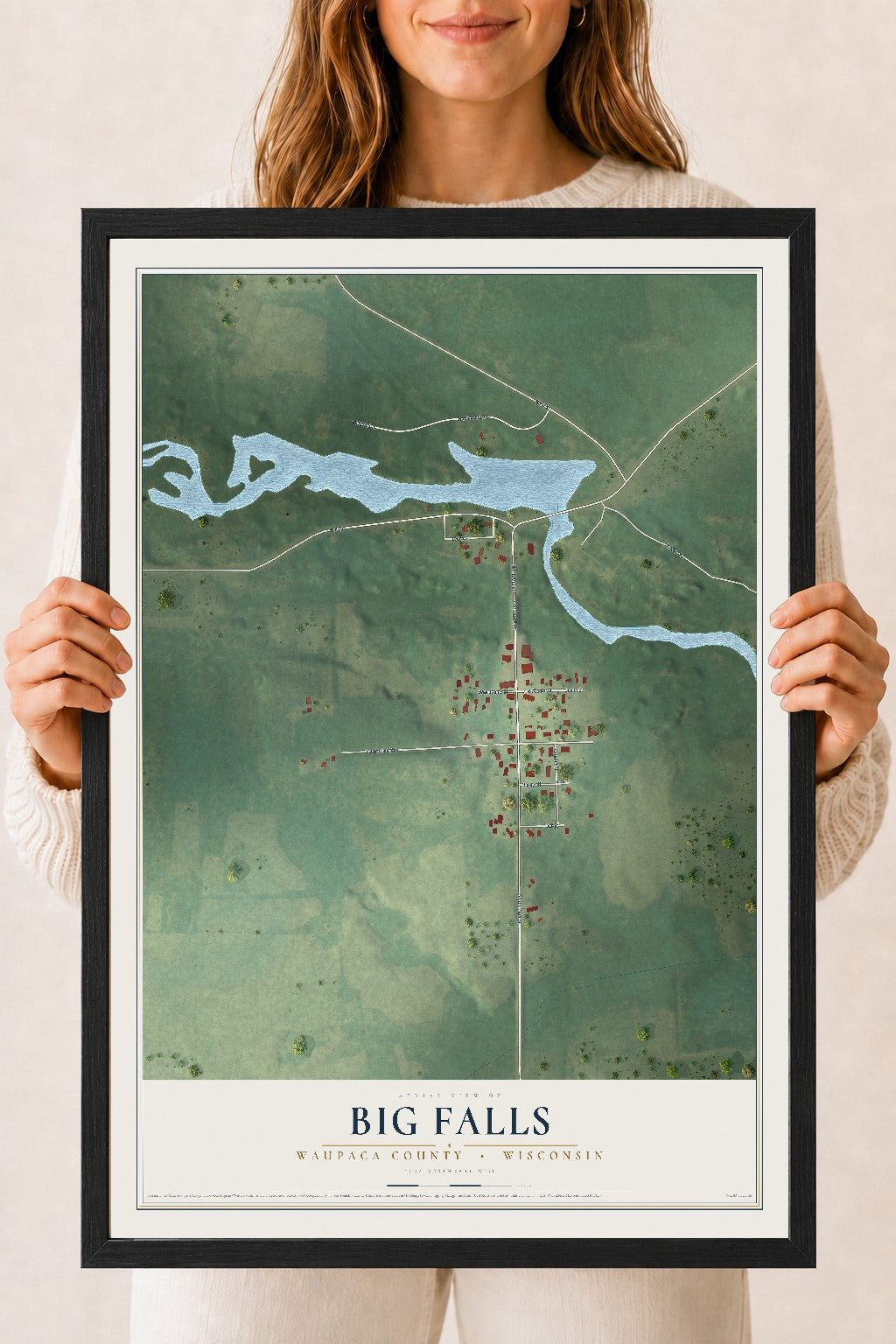 Map of Big Falls, Waupaca County, Wisconsin, 18 x 24 inch print in a black wood frame