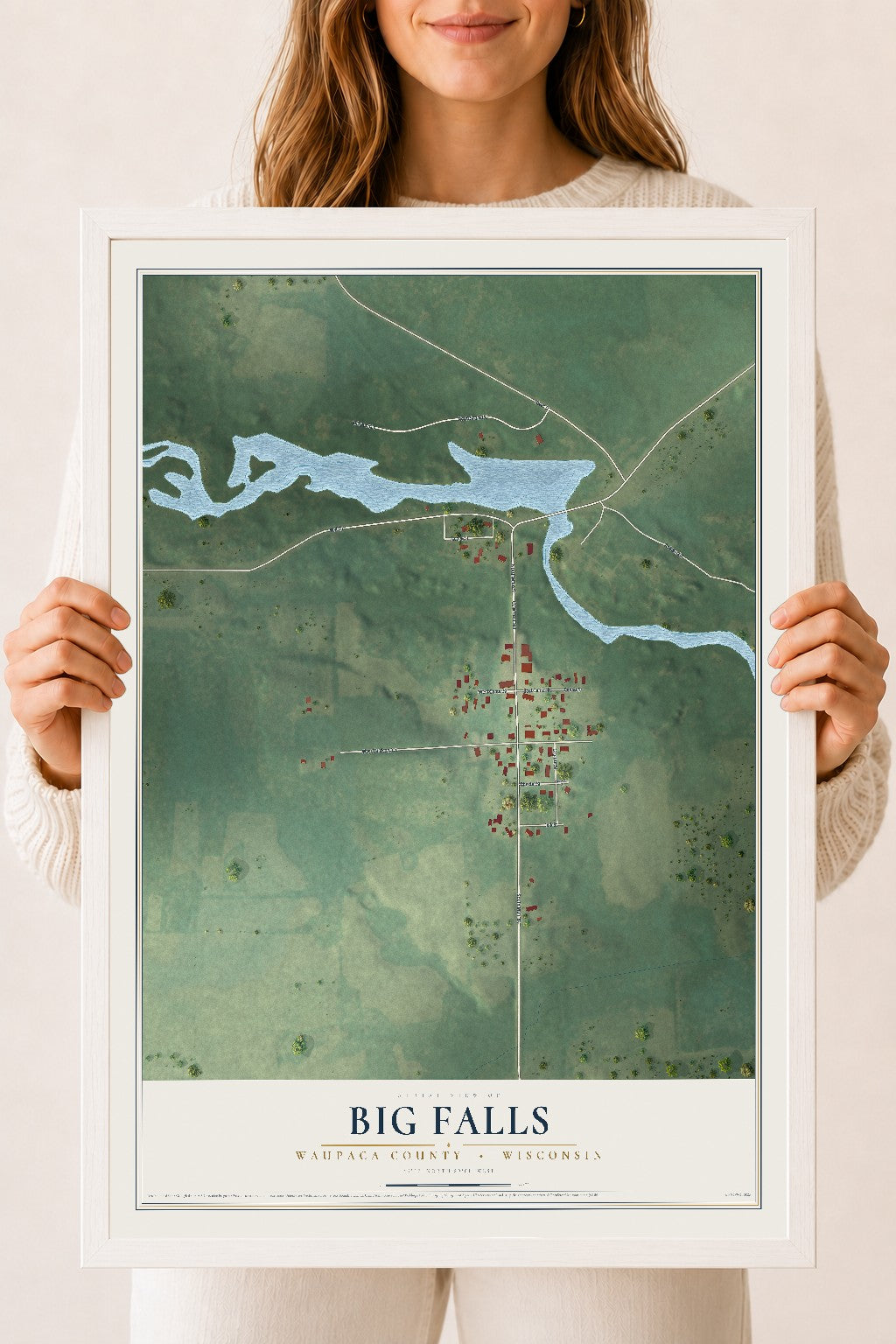 Map of Big Falls, Waupaca County, Wisconsin, 18 x 24 inch print in a white wood frame