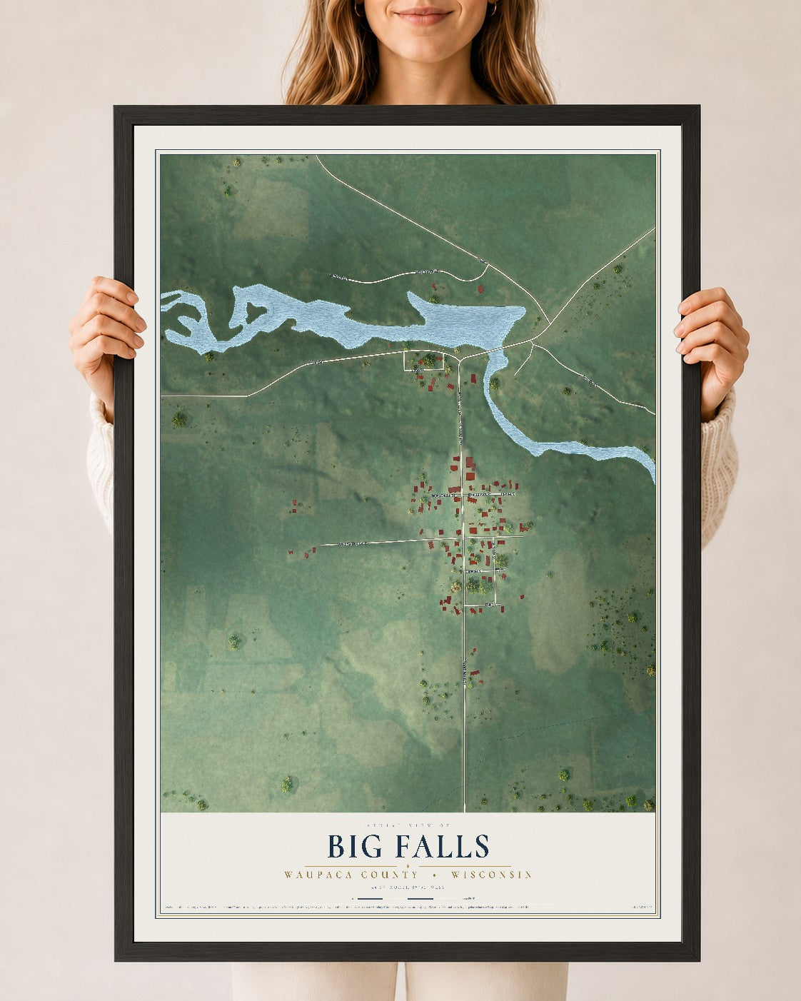 Map of Big Falls, Waupaca County, Wisconsin, 24 x 36 inch print in a black wood frame