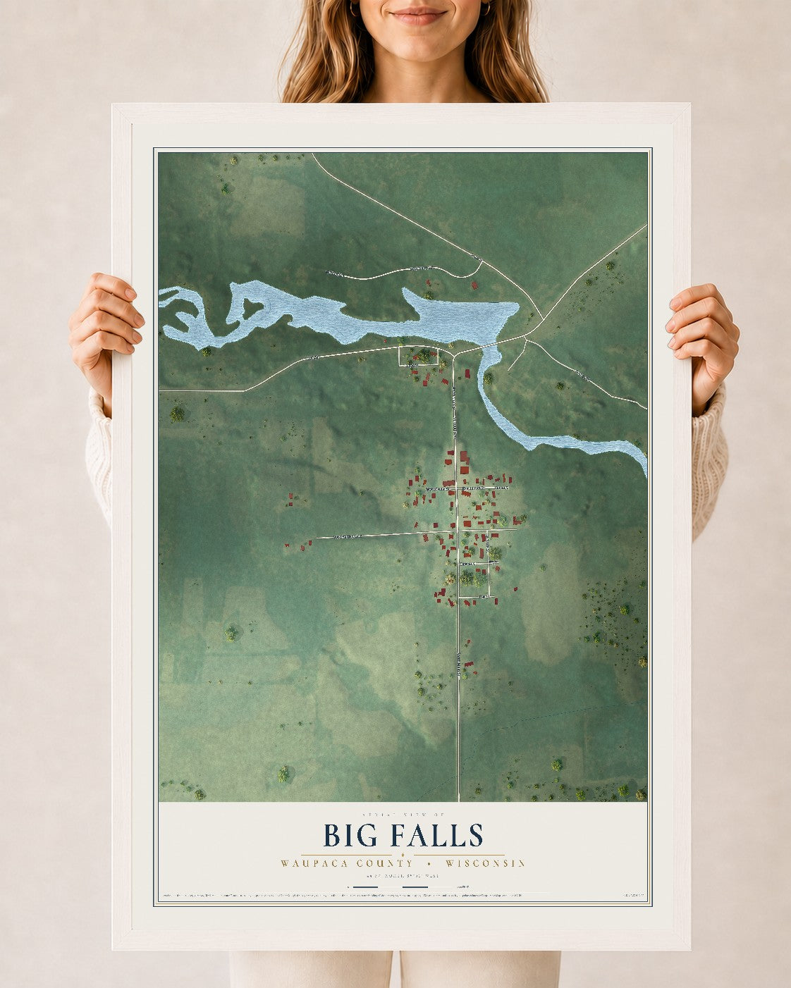 Map of Big Falls, Waupaca County, Wisconsin, 24 x 36 inch print in a white wood frame