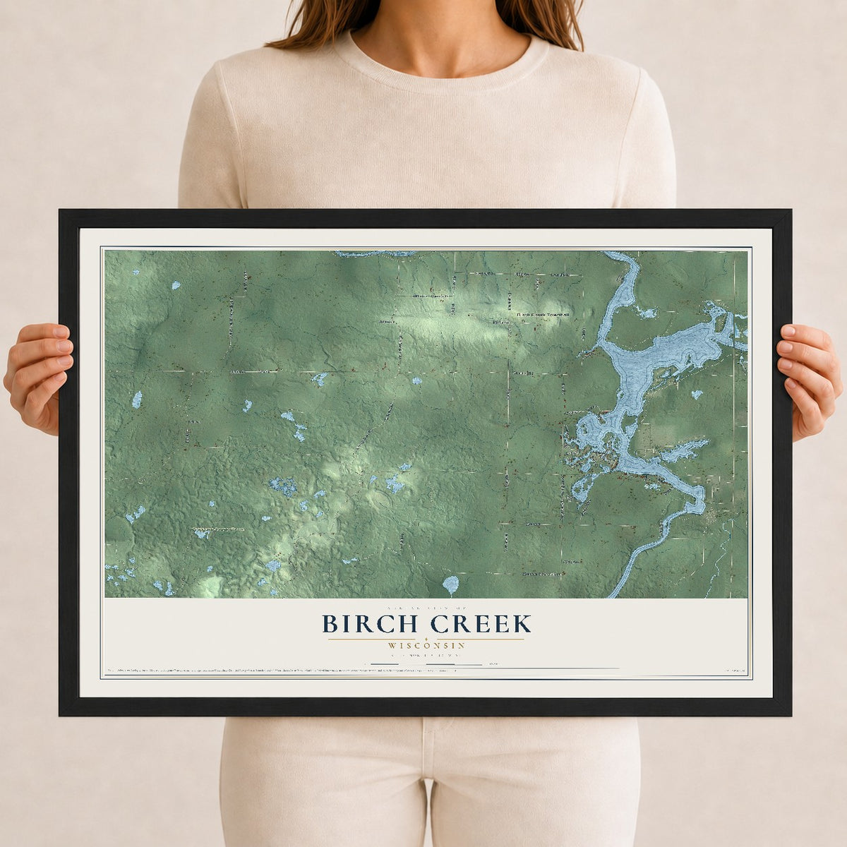 Map of Birch Creek, Wisconsin, 12 x 18 inch print in a black wood frame