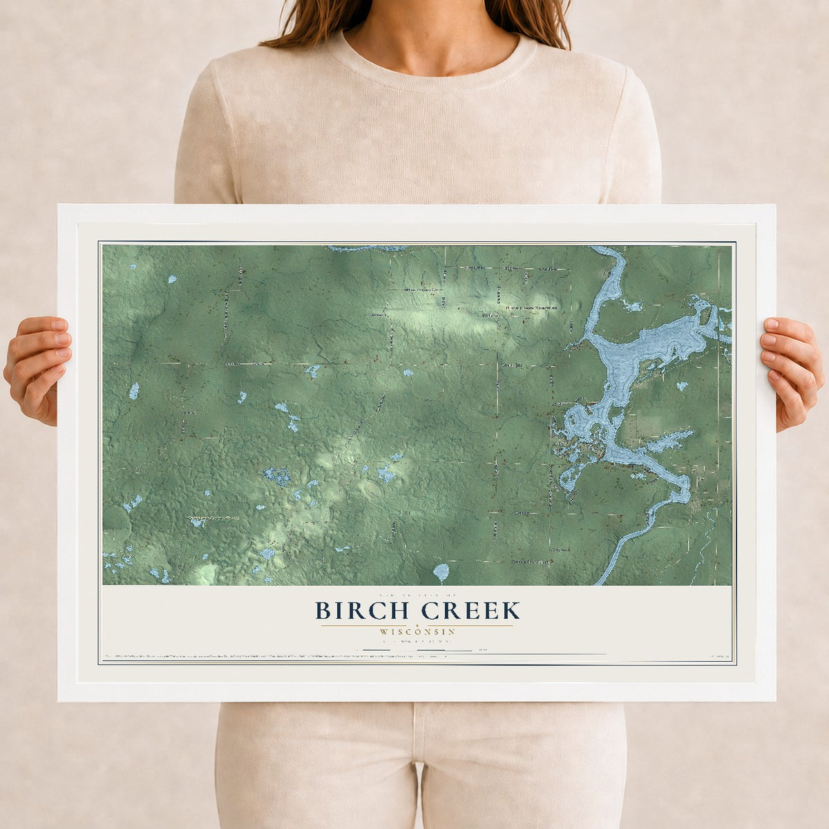 Map of Birch Creek, Wisconsin, 12 x 18 inch print in a white wood frame