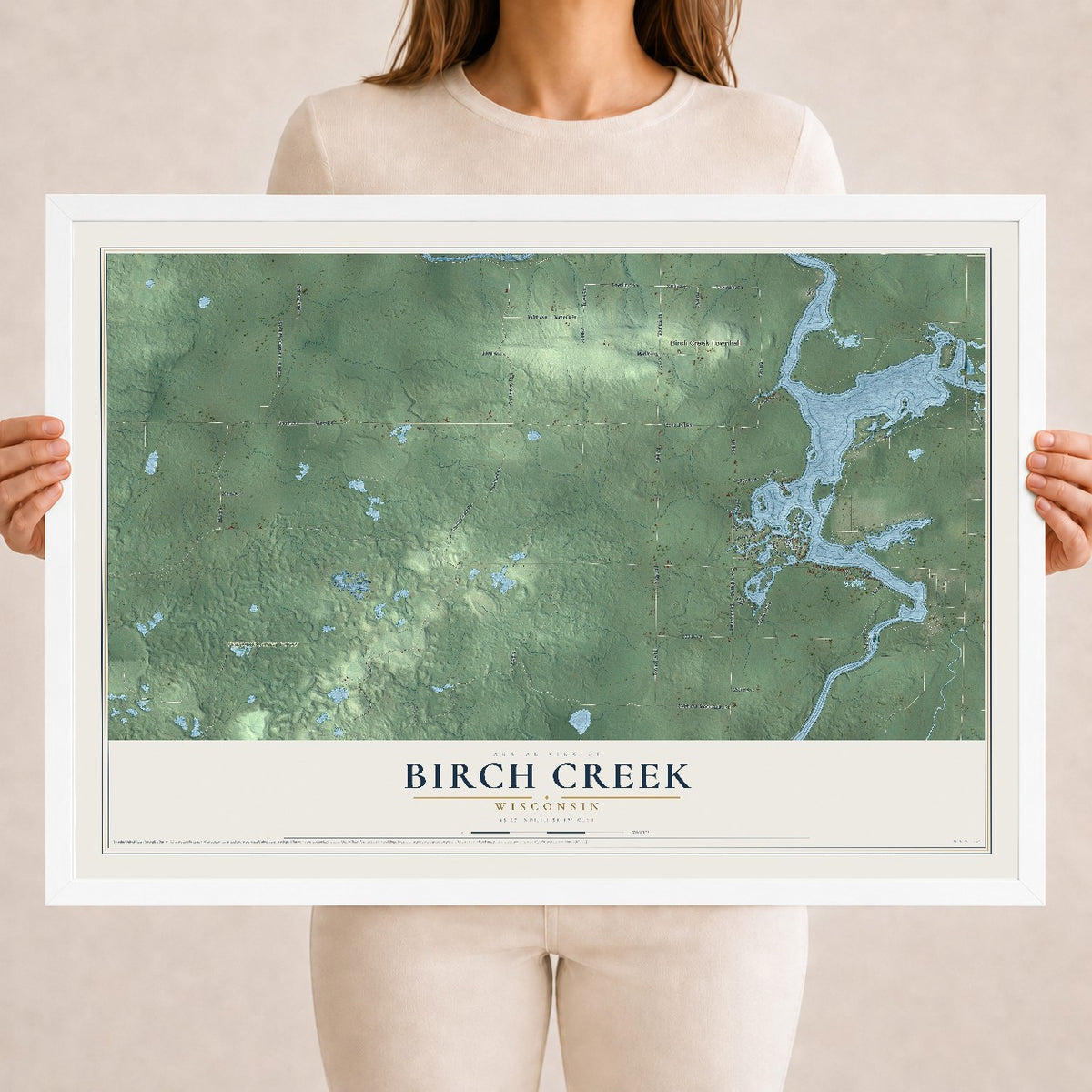 Map of Birch Creek, Wisconsin, 18 x 24 inch print in a white wood frame