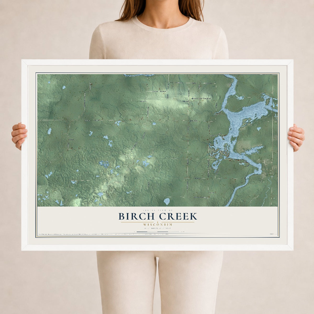 Map of Birch Creek, Wisconsin, 24 x 36 inch print in a white wood frame