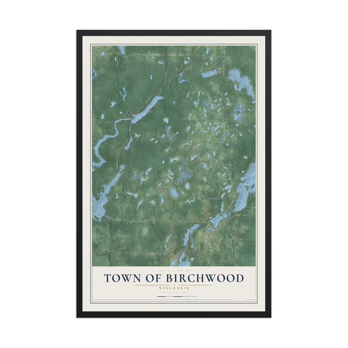 Map of the Town of Birchwood, Wisconsin, 12 x 18 inch print in a black wood frame