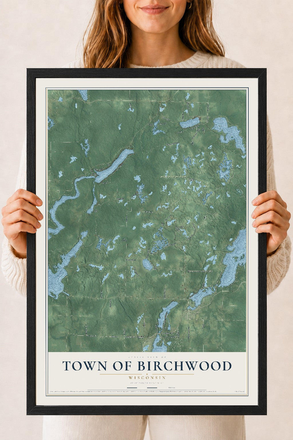 Map of the Town of Birchwood, Wisconsin, 18 x 24 inch print in a black wood frame