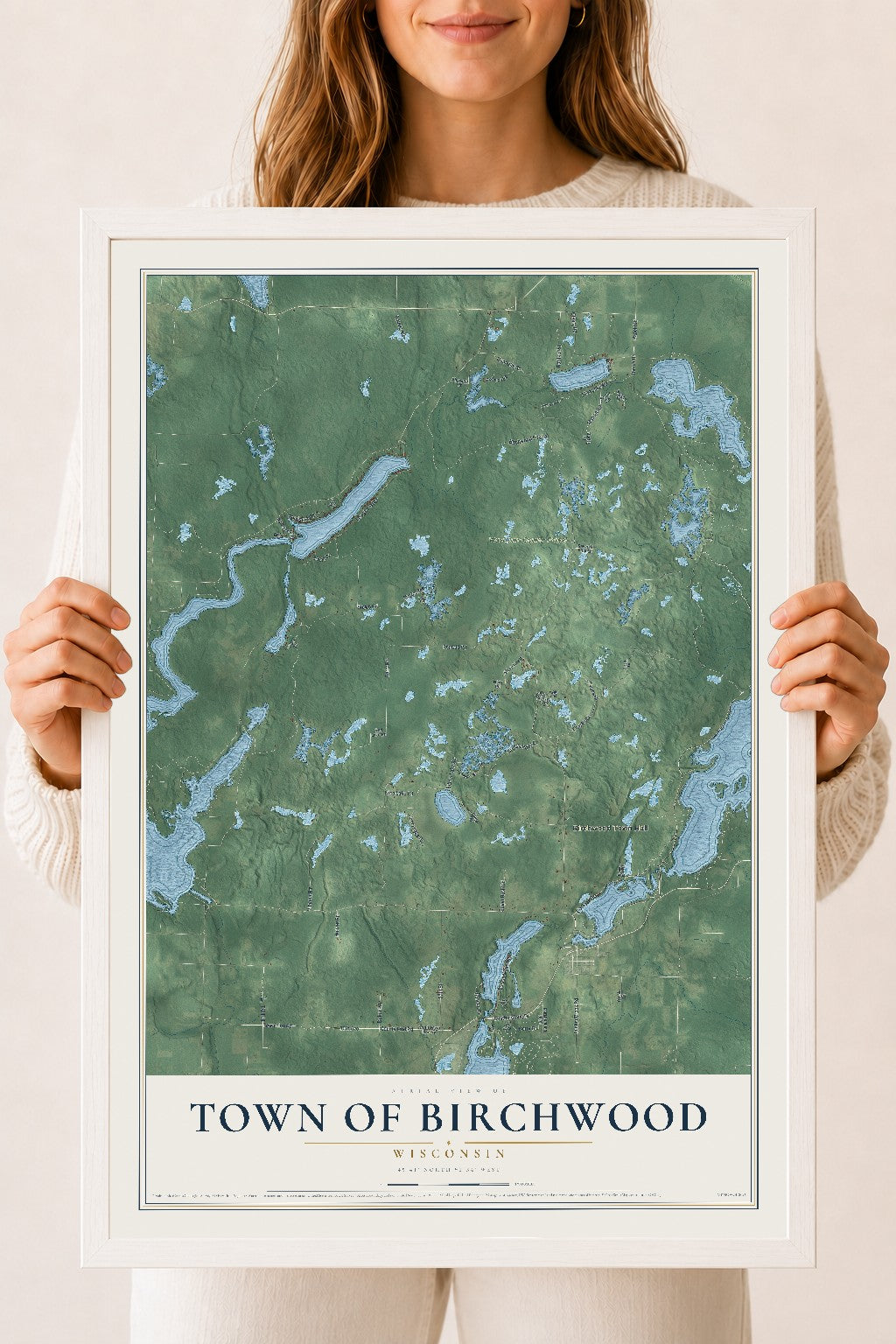 Map of the Town of Birchwood, Wisconsin, 18 x 24 inch print in a white wood frame