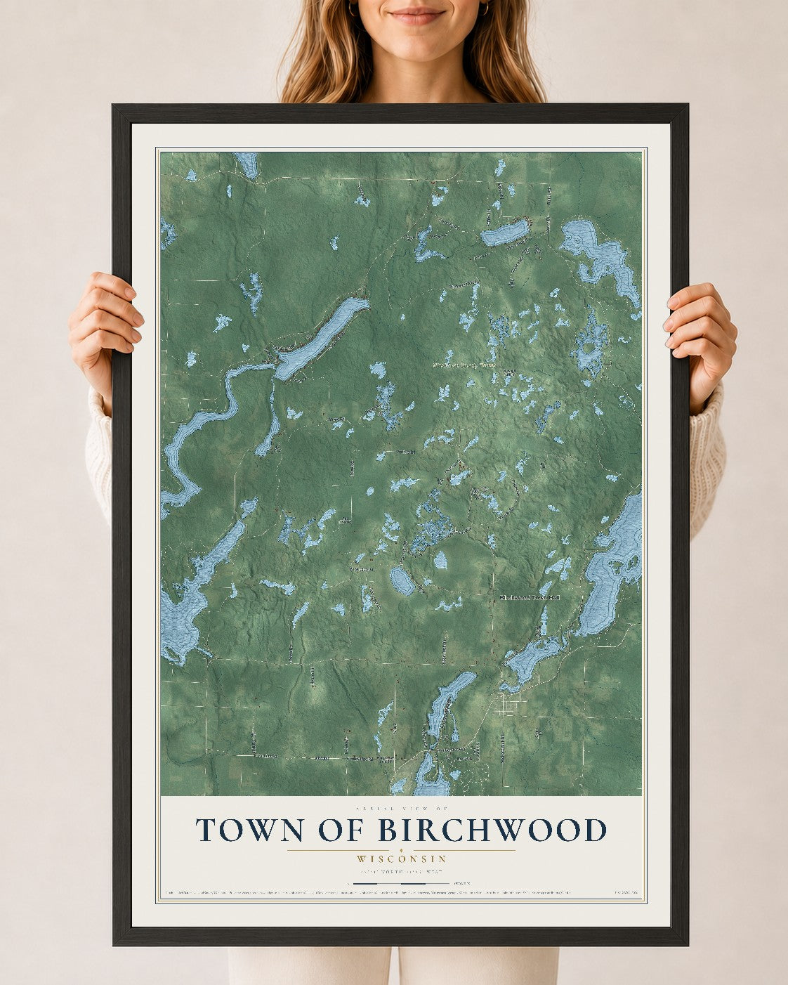 Map of the Town of Birchwood, Wisconsin, 24 x 36 inch print in a black wood frame