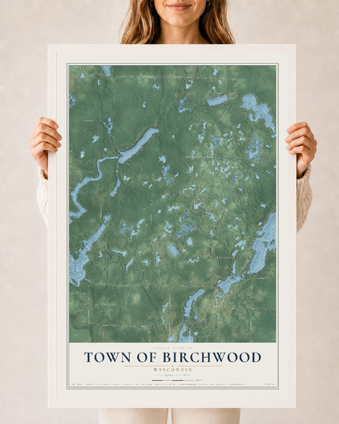 Map of the Town of Birchwood, Wisconsin, 24 x 36 inch print in a white wood frame